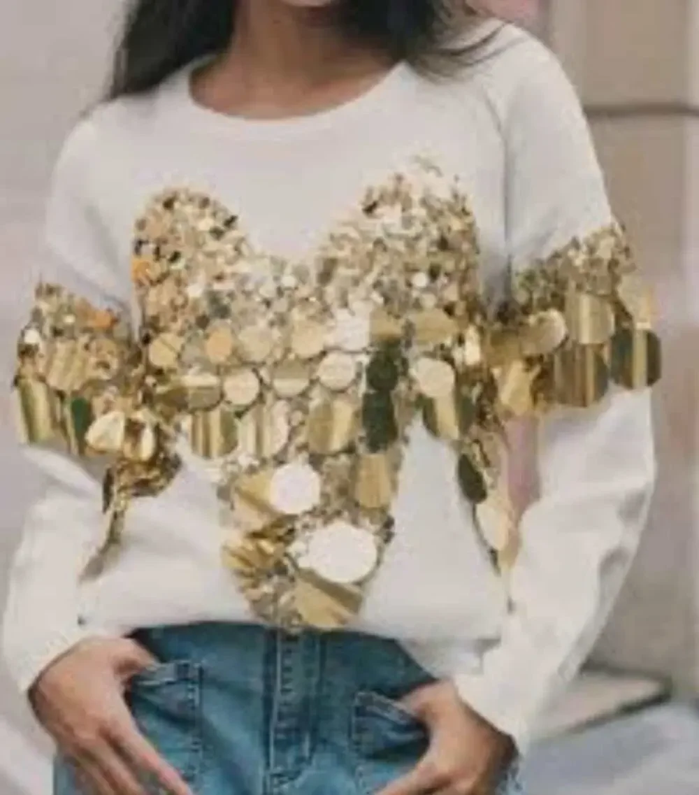 Women's L Luxurious Stylish White Gold Sequin Detailed Long Sleeve Sweater Top